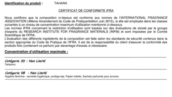 Certificat IFRA de nos musc tahara